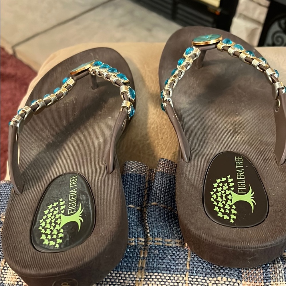 Women's Brown Sandals with Blue Accents